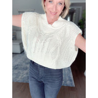 women's boutique cropped cable knit short sleeve sweater cream expanded