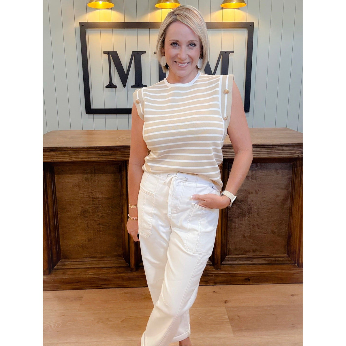 women's boutique striped tank buttons full body