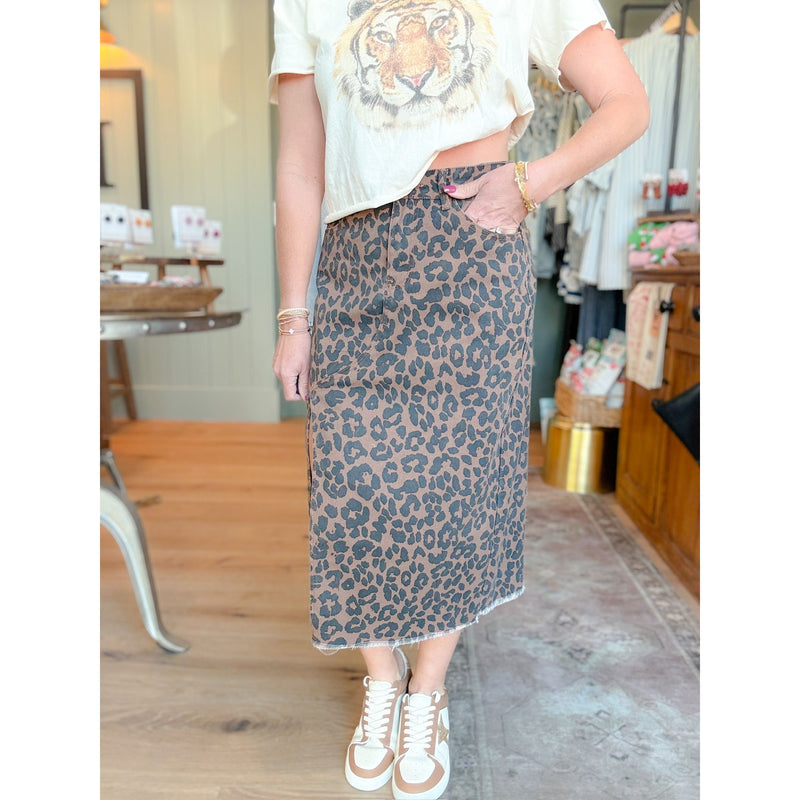 Leopard Side Slit Denim Midi Skirt