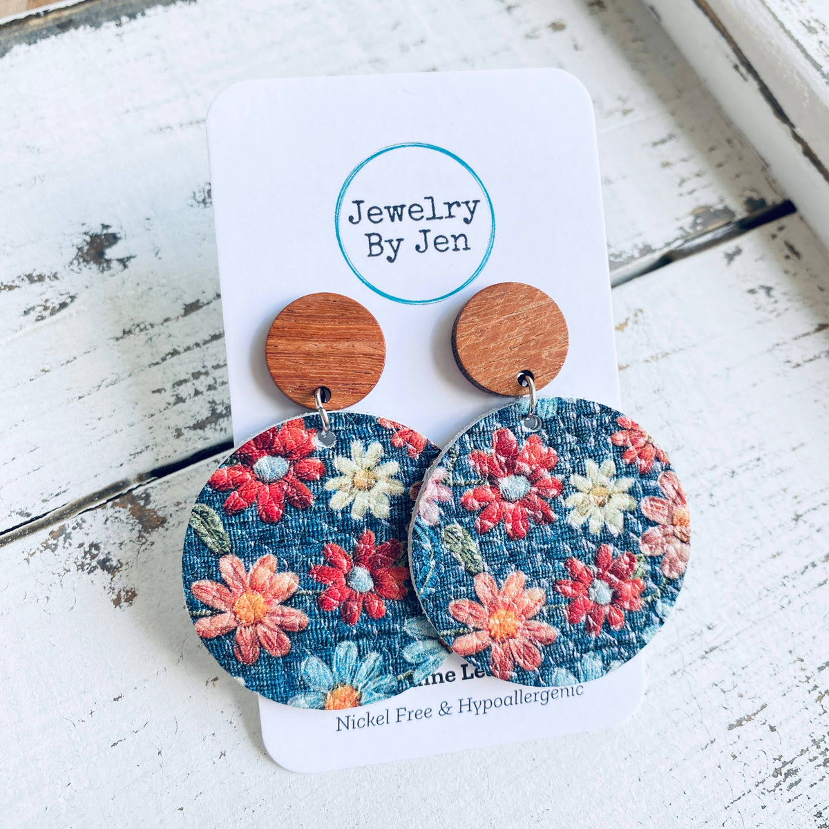 Daisies on Denim Wood Stud Earrings