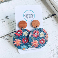 Daisies on Denim Wood Stud Earrings