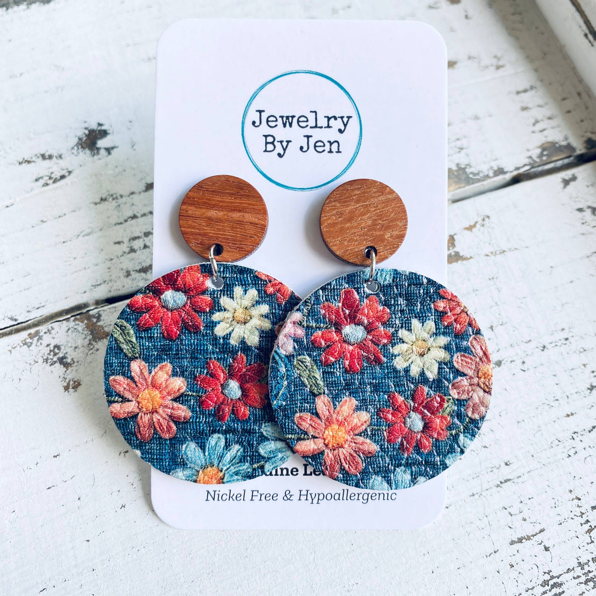 Daisies on Denim Wood Stud Earrings