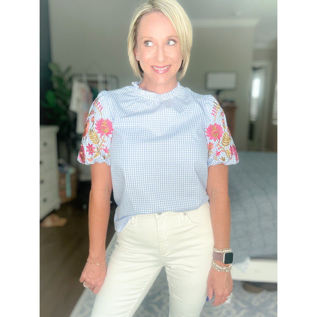 Laurel Gingham Embroidered Puff Sleeve Blouse