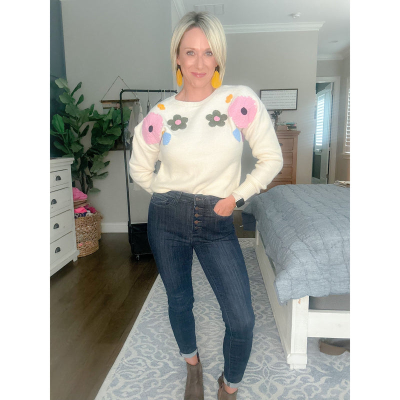 Rosie Flower Pattern Ribbed Edge Sweater