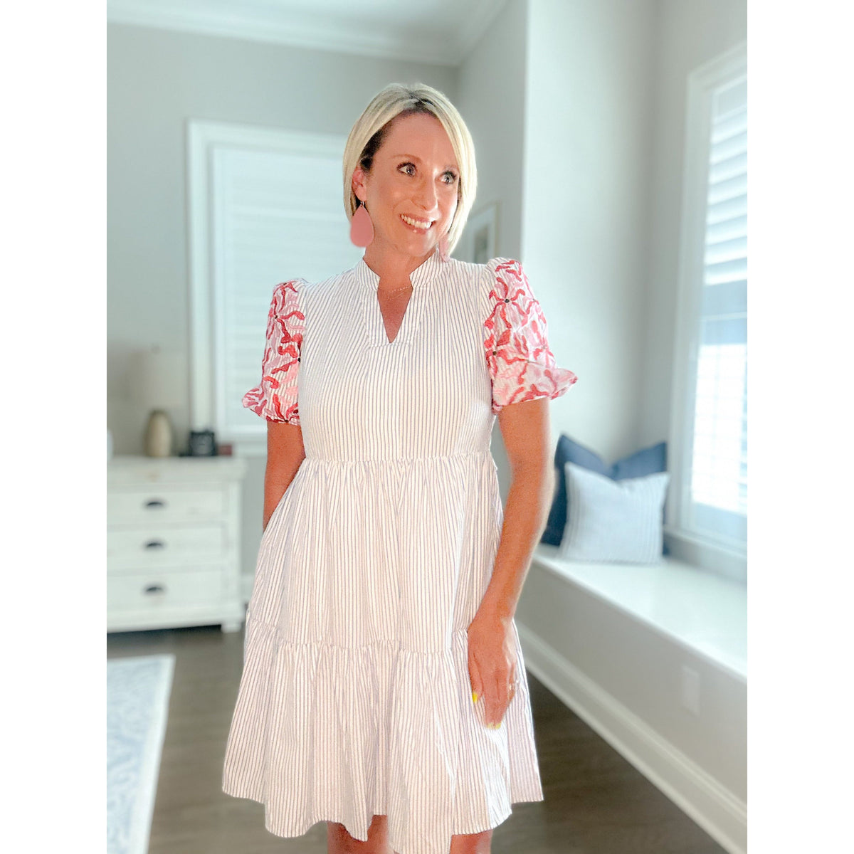 Marietta Stripe Contrast Floral Puff Sleeve Tiered Ruffle Dress