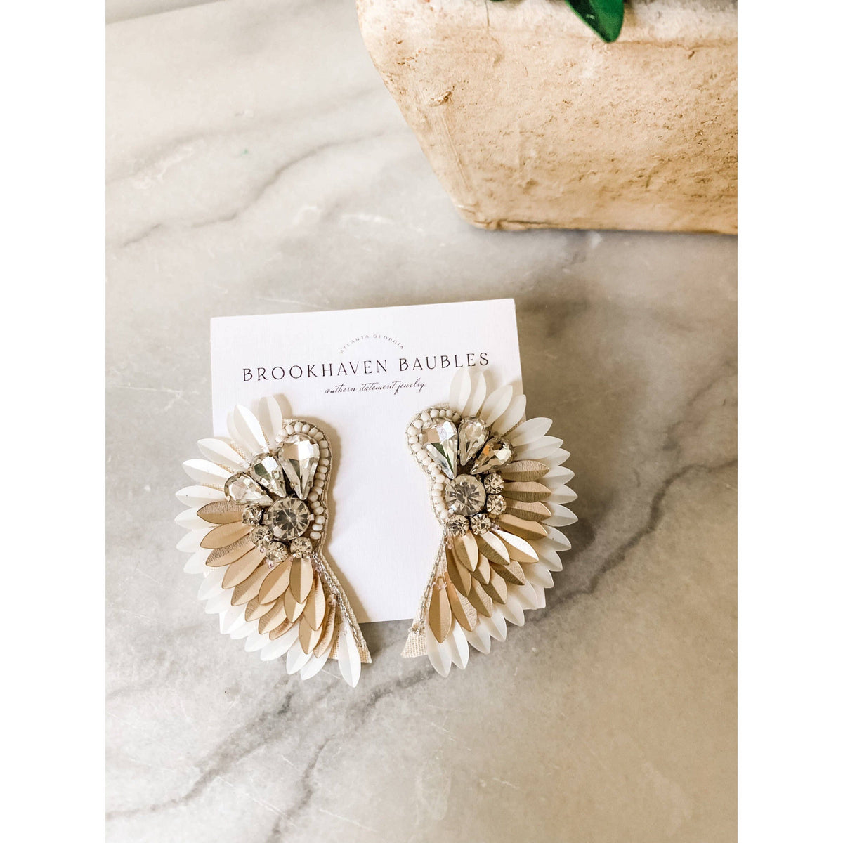 Ivory Gold Ombré Beaded Crystal Winged Statement Earrings