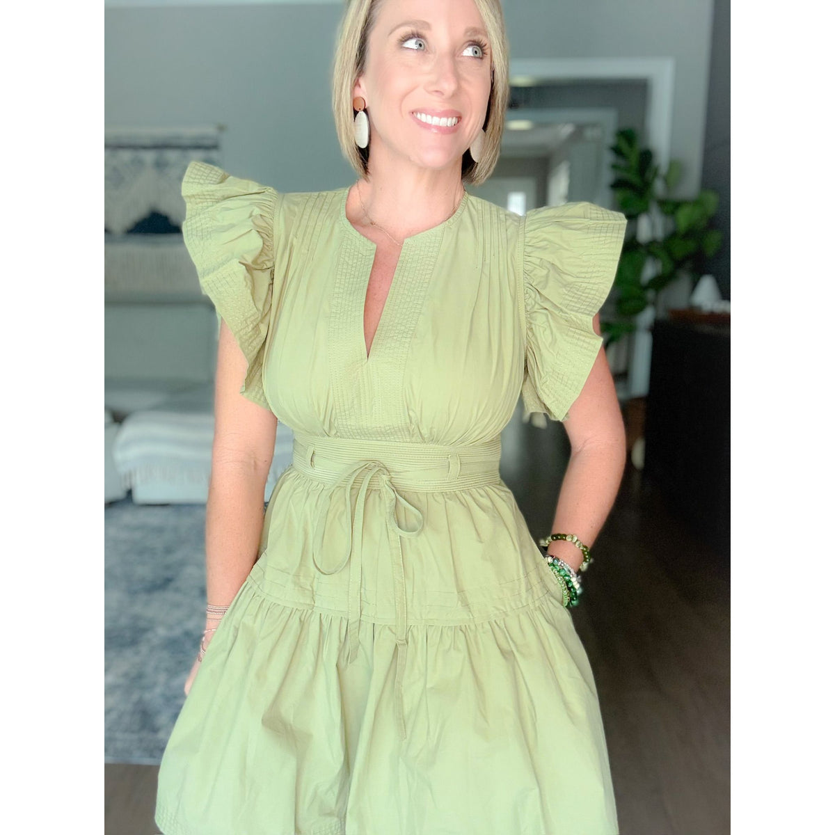 Boutique olive green dress front close