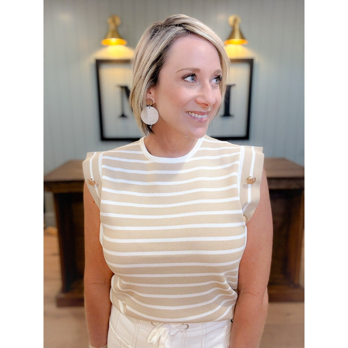 women's boutique striped tank buttons side