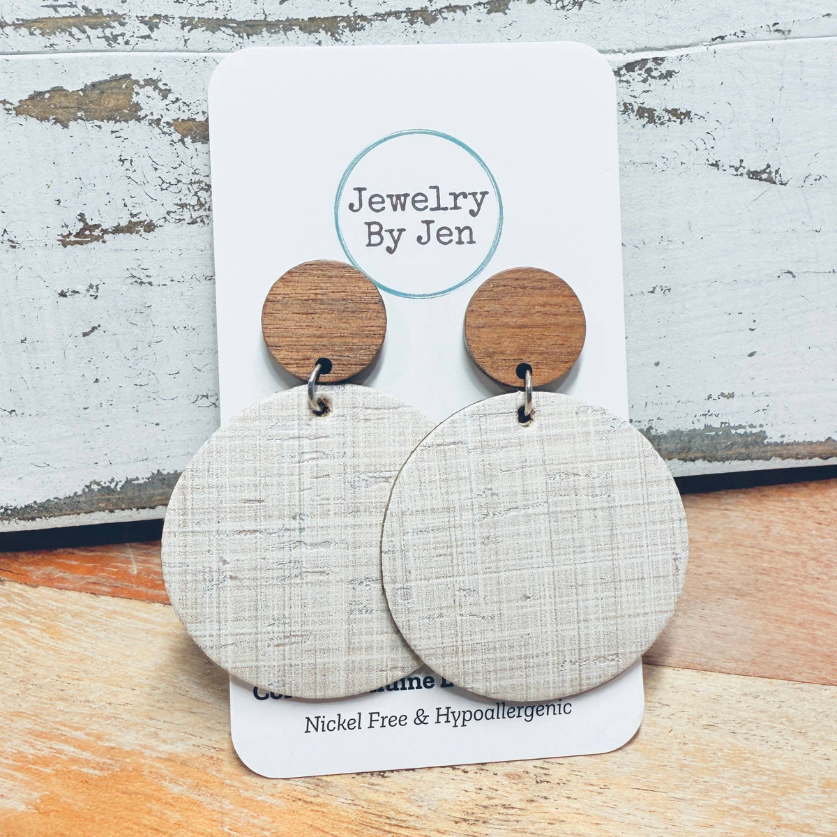 Wood Stud Natural Linen Earrings