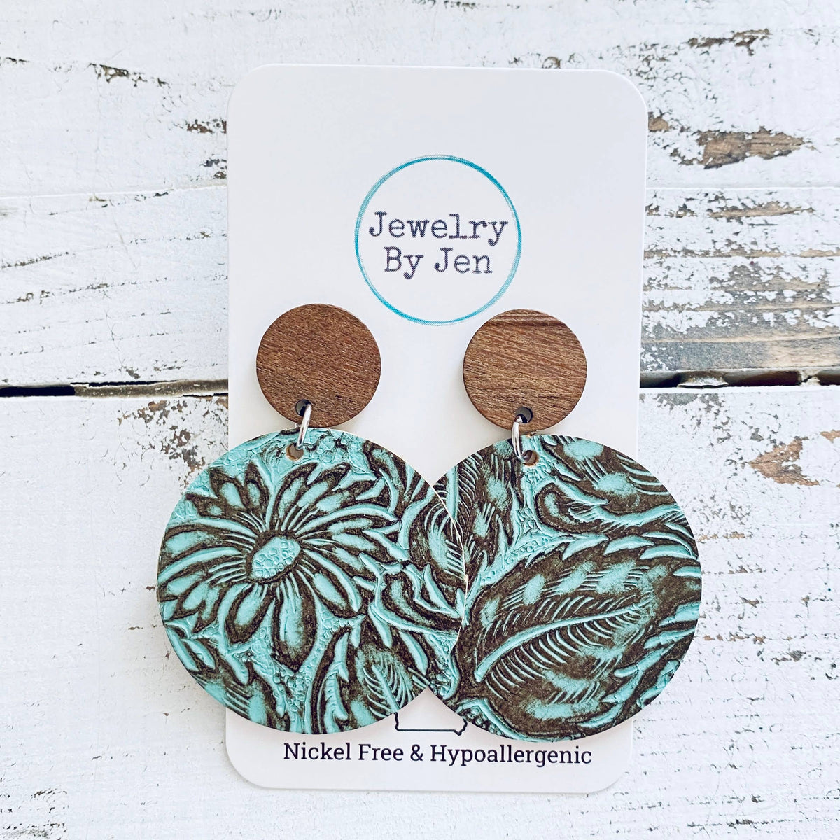 Turquoise & Brown Wood Stud Earrings