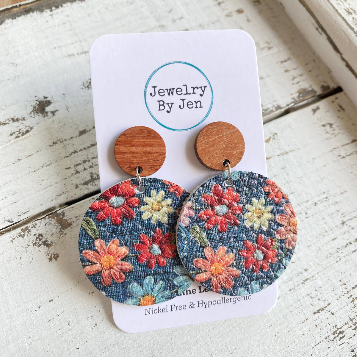 Daisies on Denim Wood Stud Earrings