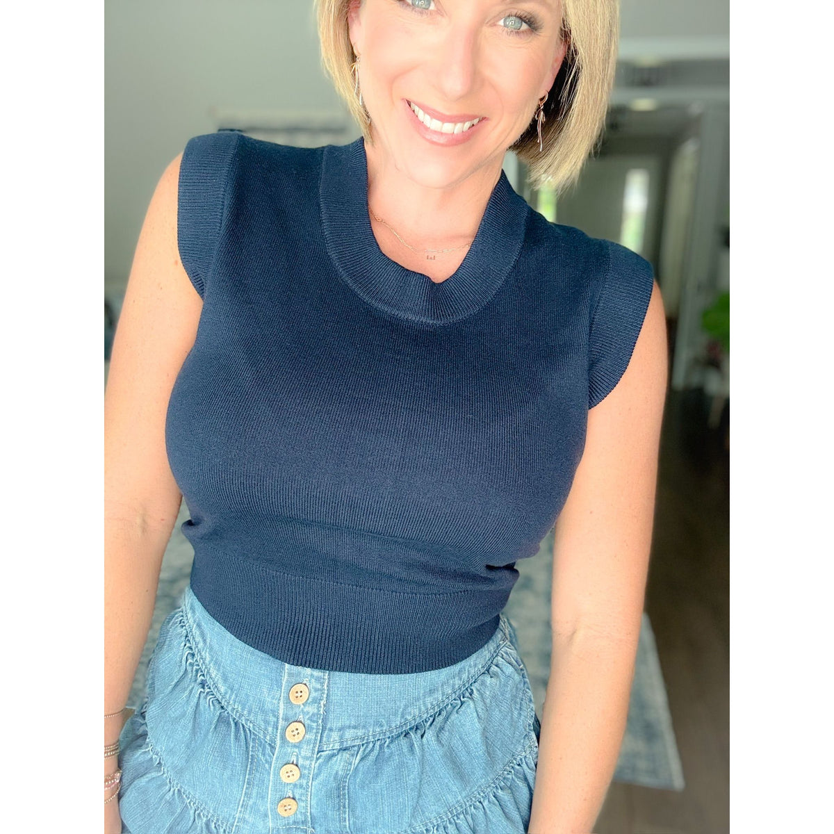 women's boutique sweater tank navy front detail