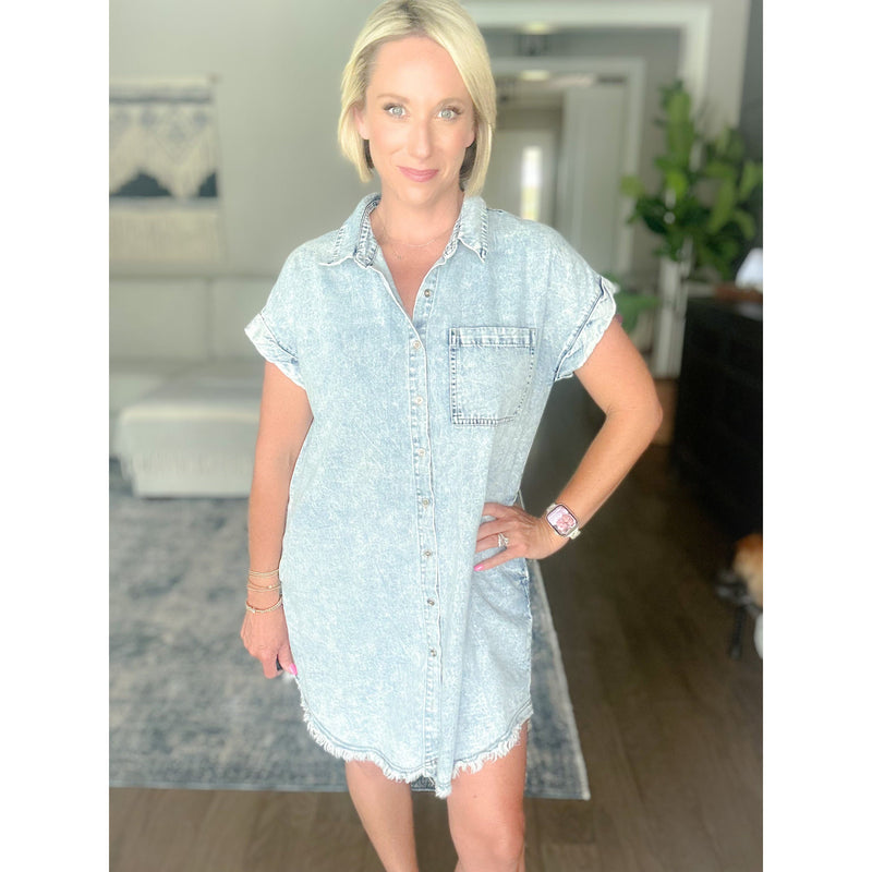 Frayed Hem Denim Shirt Dress