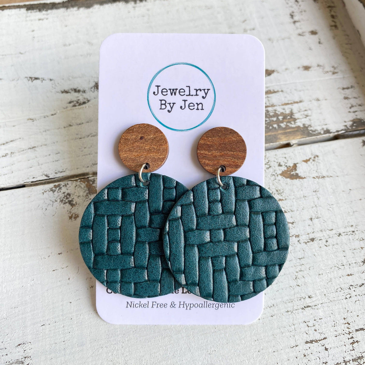 Teal Weaved Wood Post Earrings