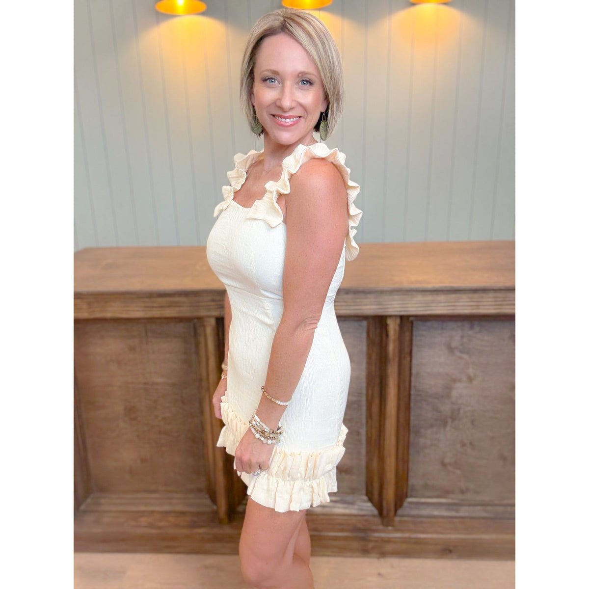 Women's boutique mini dress white ruffles side