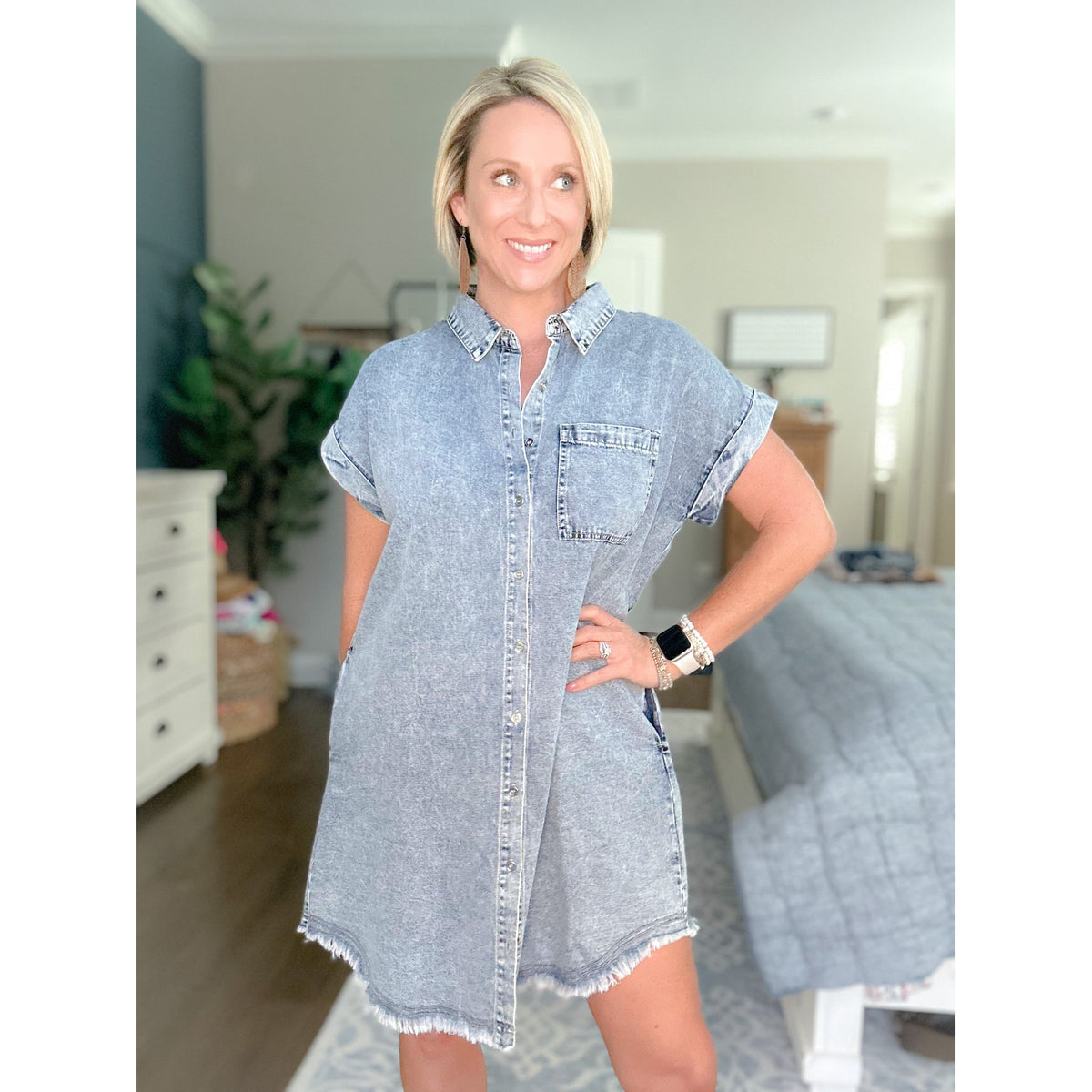 Frayed Hem Denim Shirt Dress