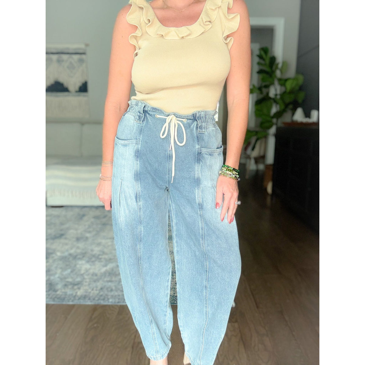 boutique women's barrel jeans tie waist front