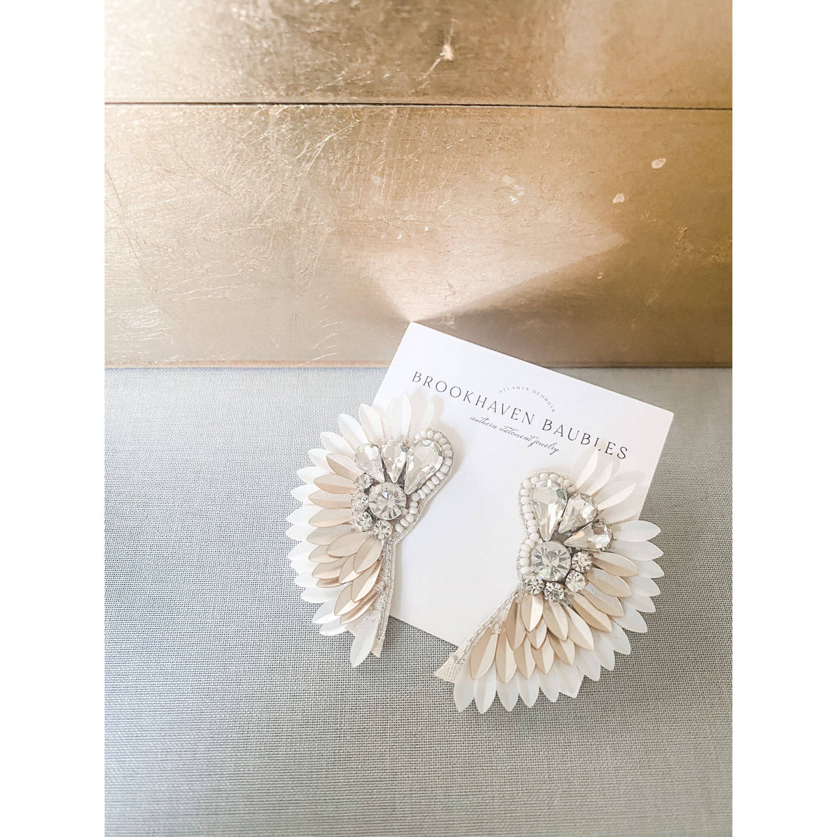 Ivory Gold Ombré Beaded Crystal Winged Statement Earrings