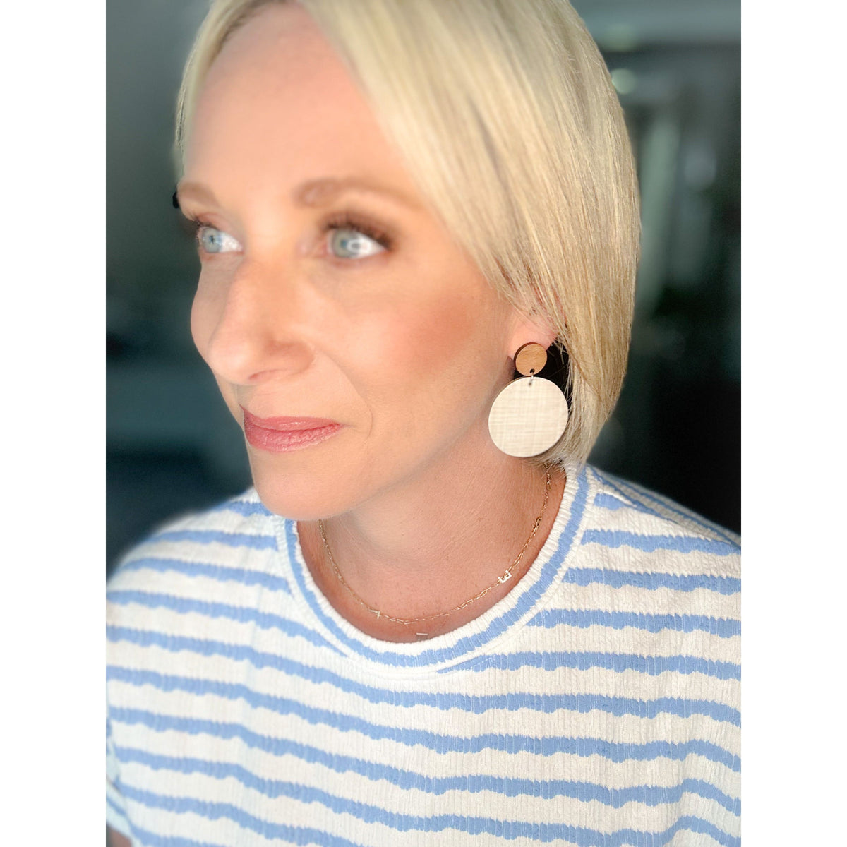 Wood Stud Natural Linen Earrings