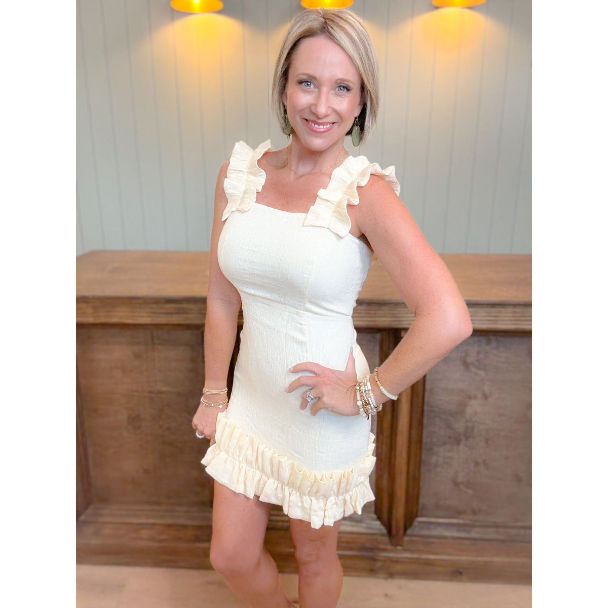 Women's boutique mini dress white ruffles full body
