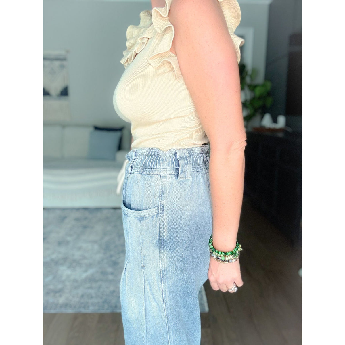 boutique women's barrel jeans tie waist side