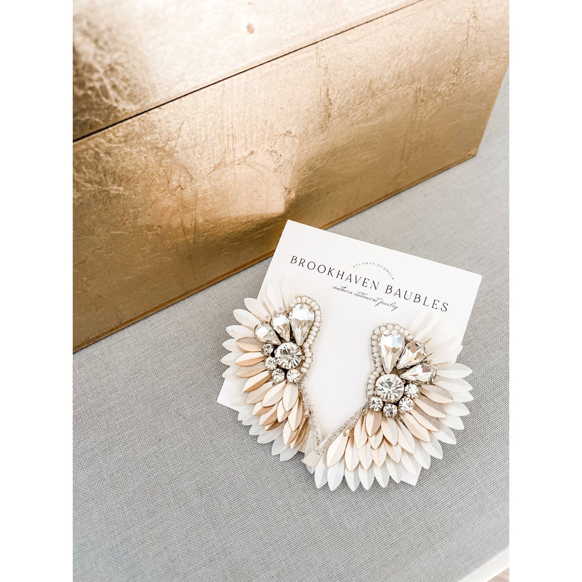 Ivory Gold Ombré Beaded Crystal Winged Statement Earrings