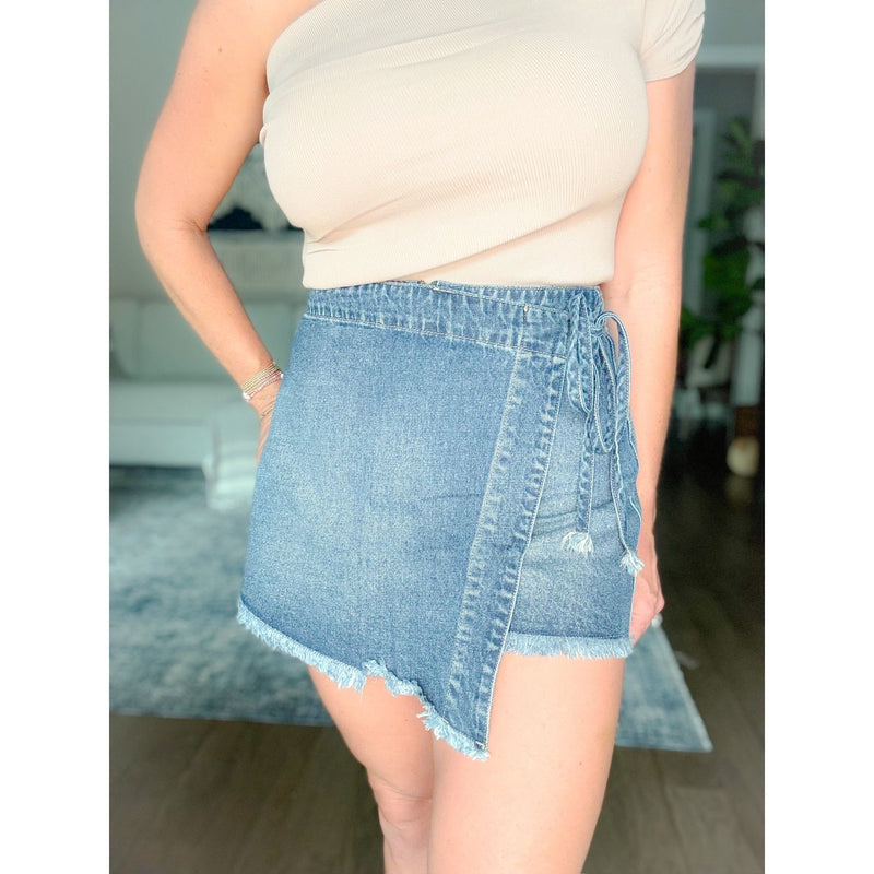 women's boutique denim skort front