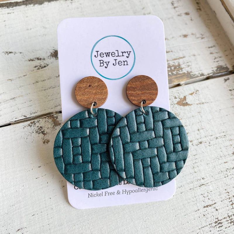 Teal Weaved Wood Post Earrings