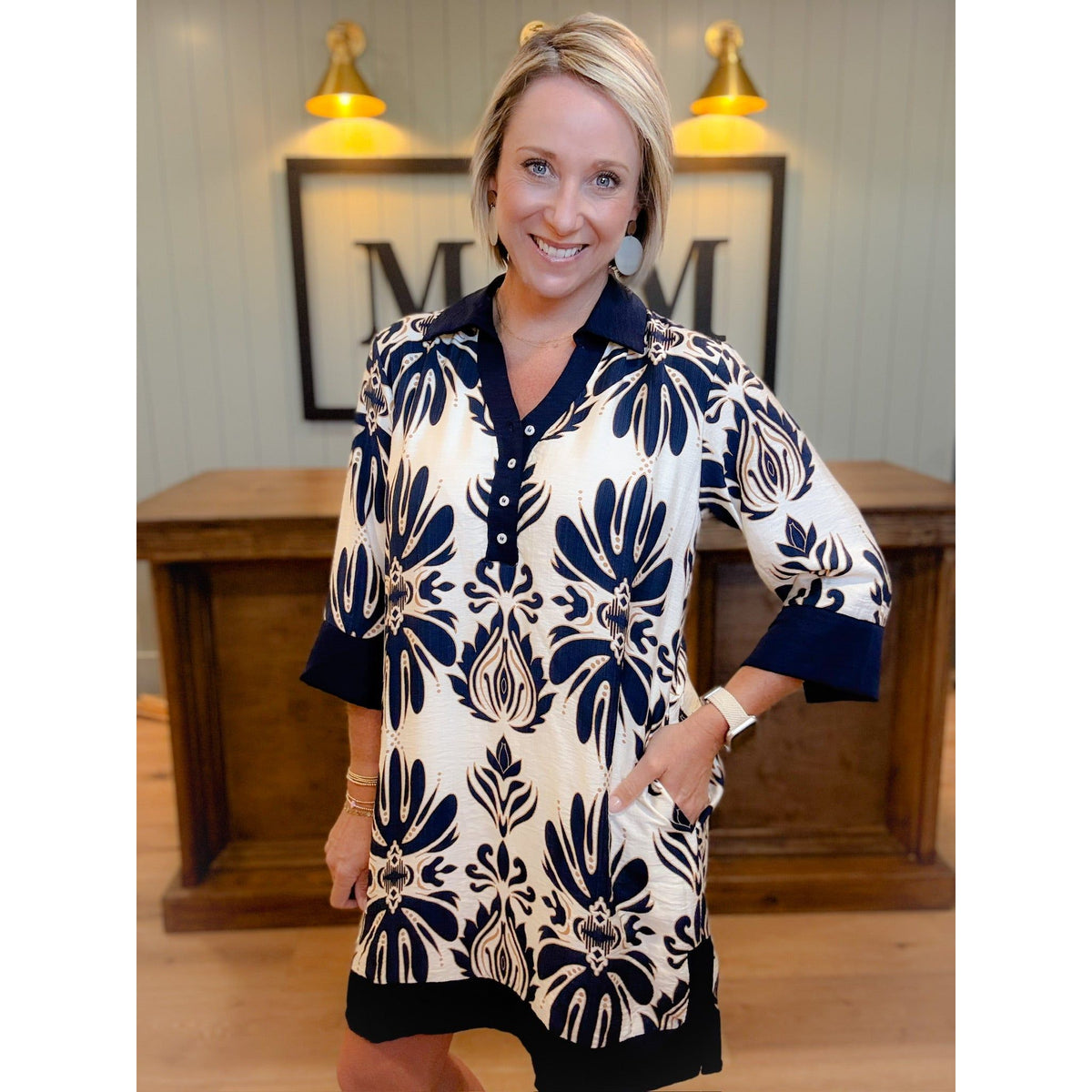 women's boutique dress three quarter sleeve button pocket