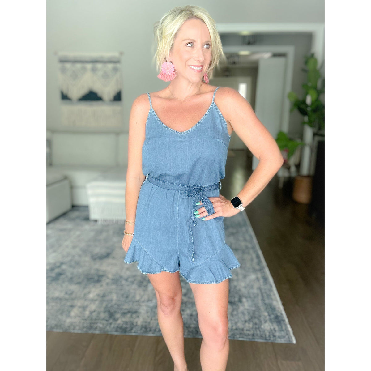 Caroline Belted Chambray Romper