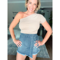 women's boutique asymmetrical tan top detail