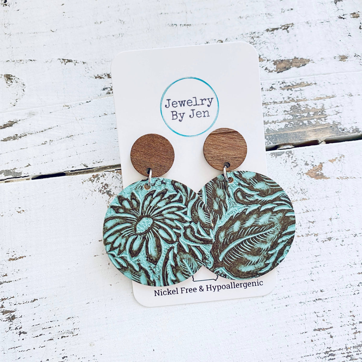 Turquoise & Brown Wood Stud Earrings