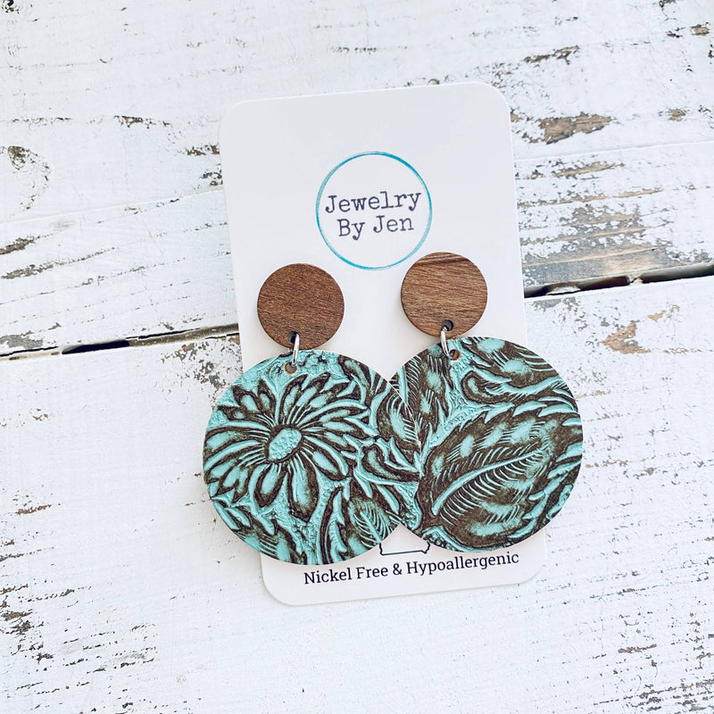 Turquoise & Brown Wood Stud Earrings