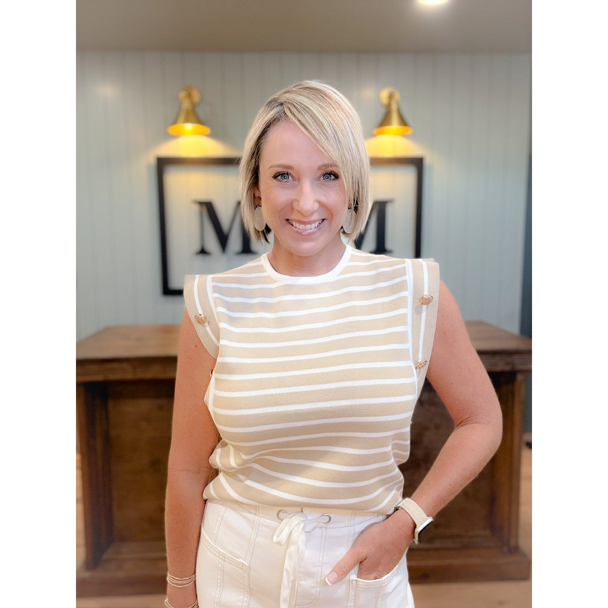 women's boutique striped tank buttons pocket