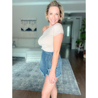 women's boutique asymmetrical tan top side