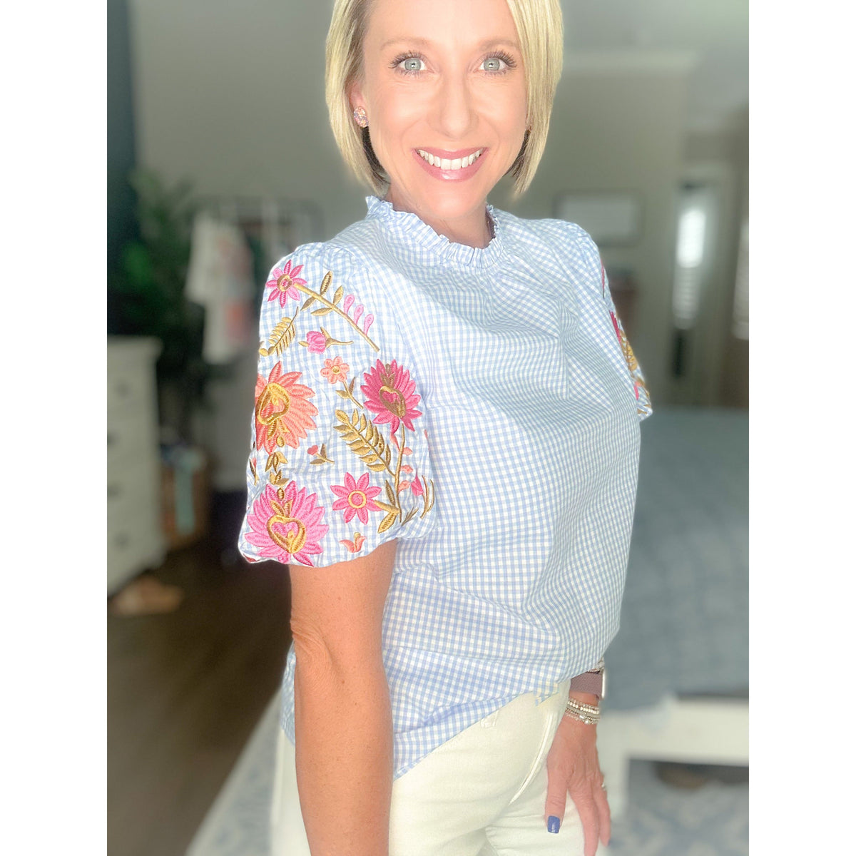 Laurel Gingham Embroidered Puff Sleeve Blouse