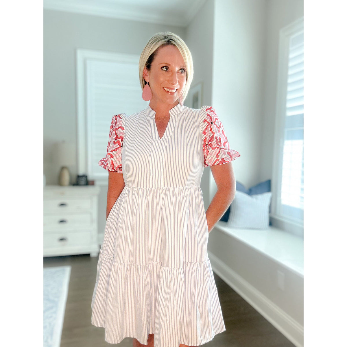 Marietta Stripe Contrast Floral Puff Sleeve Tiered Ruffle Dress