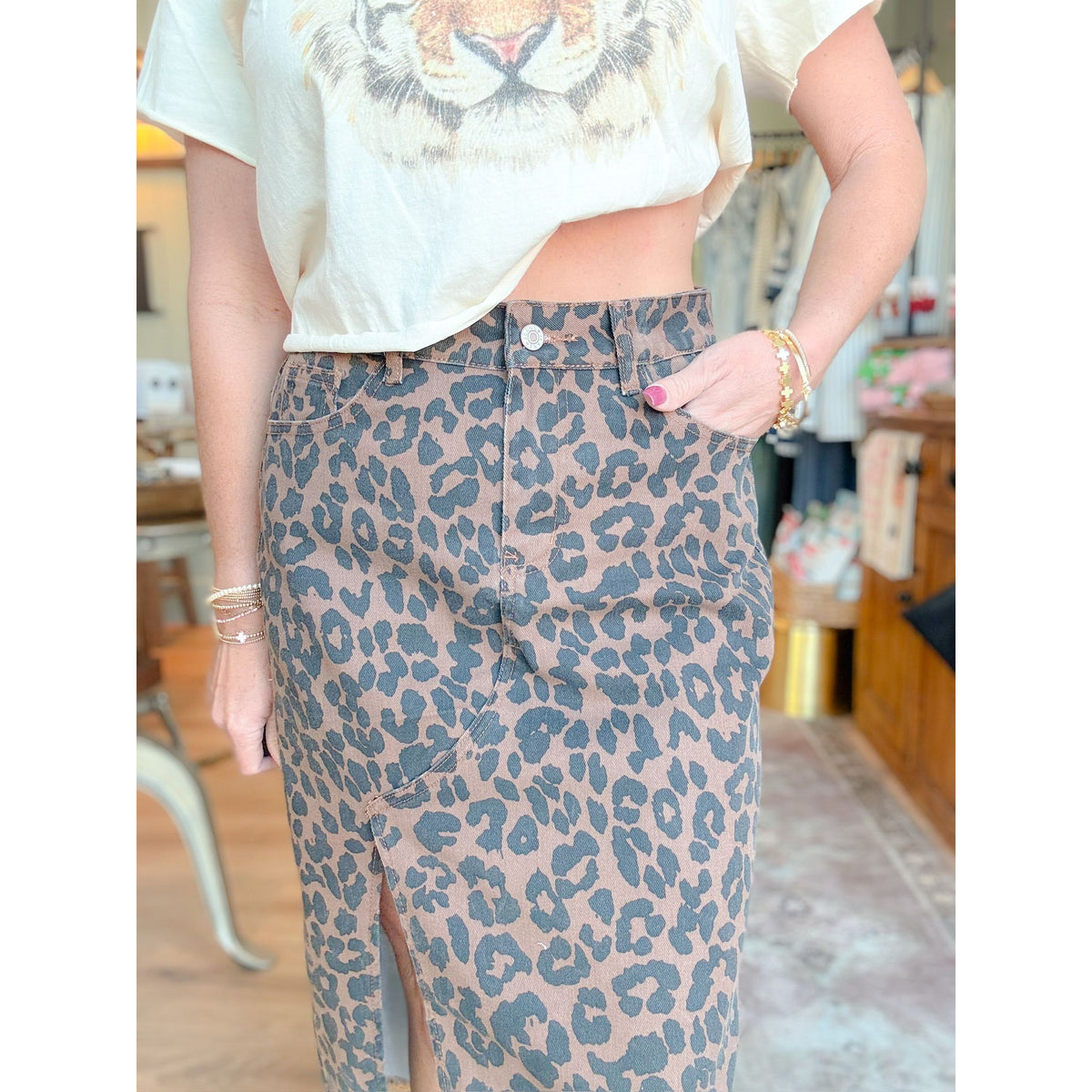 Leopard Side Slit Denim Midi Skirt
