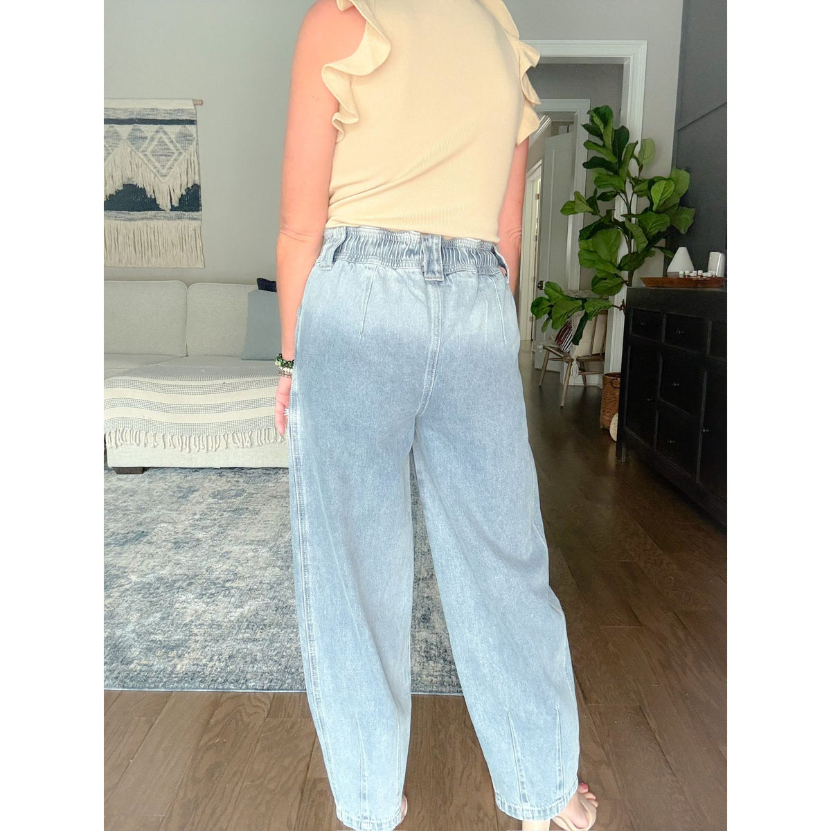 boutique women's barrel jeans tie waist back