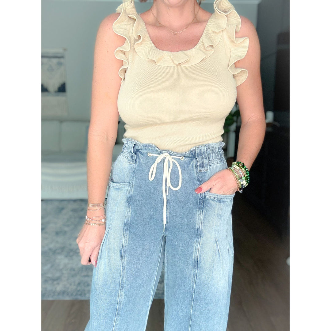 boutique women's barrel jeans tie waist front detail