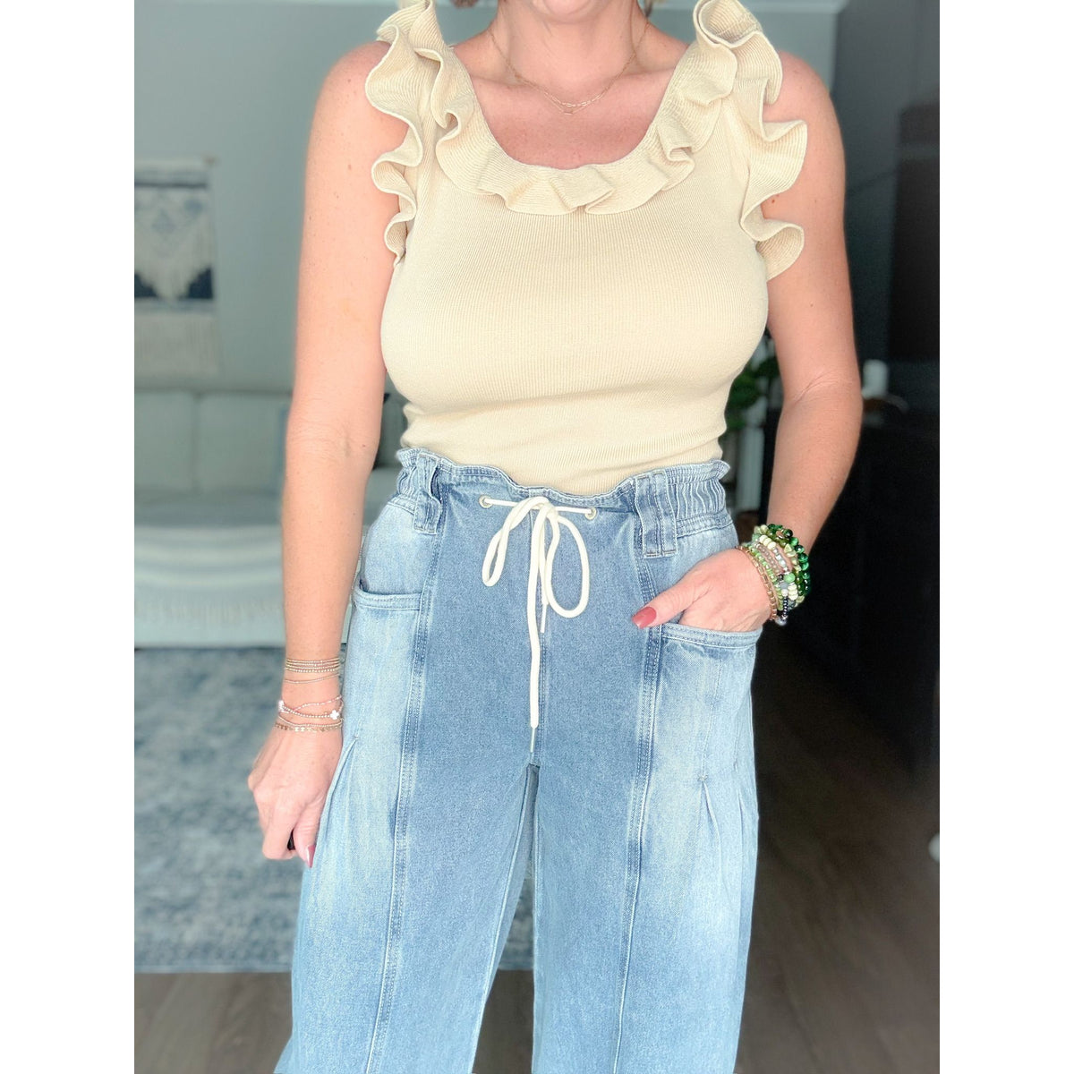 boutique women's barrel jeans tie waist front detail