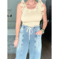 boutique women's barrel jeans tie waist front detail