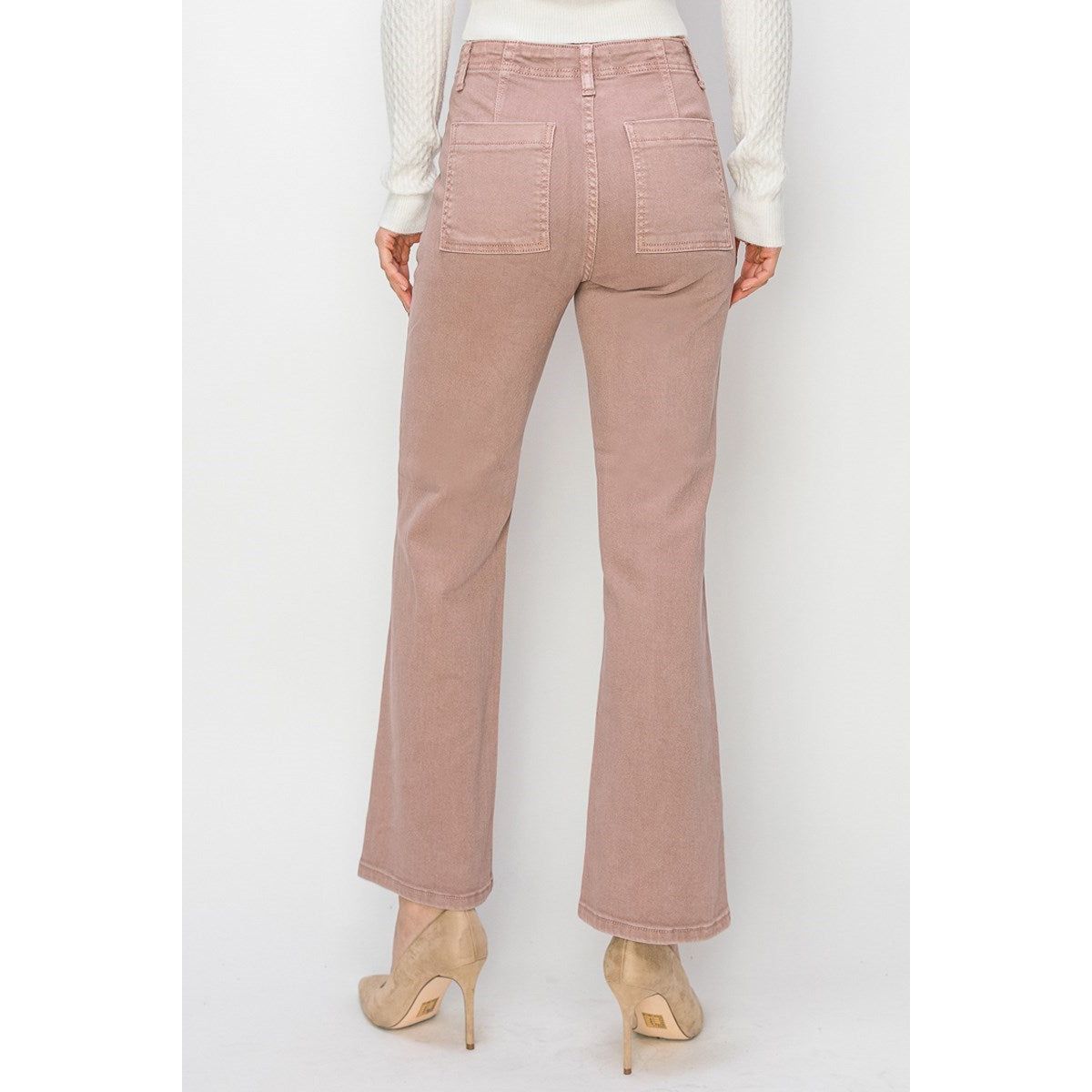 Risen Jeans- High Rise Patch Pockets Ankle Flare Mauve