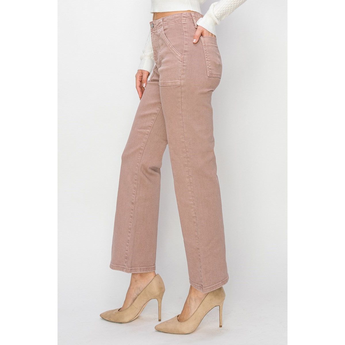 Risen Jeans- High Rise Patch Pockets Ankle Flare Mauve