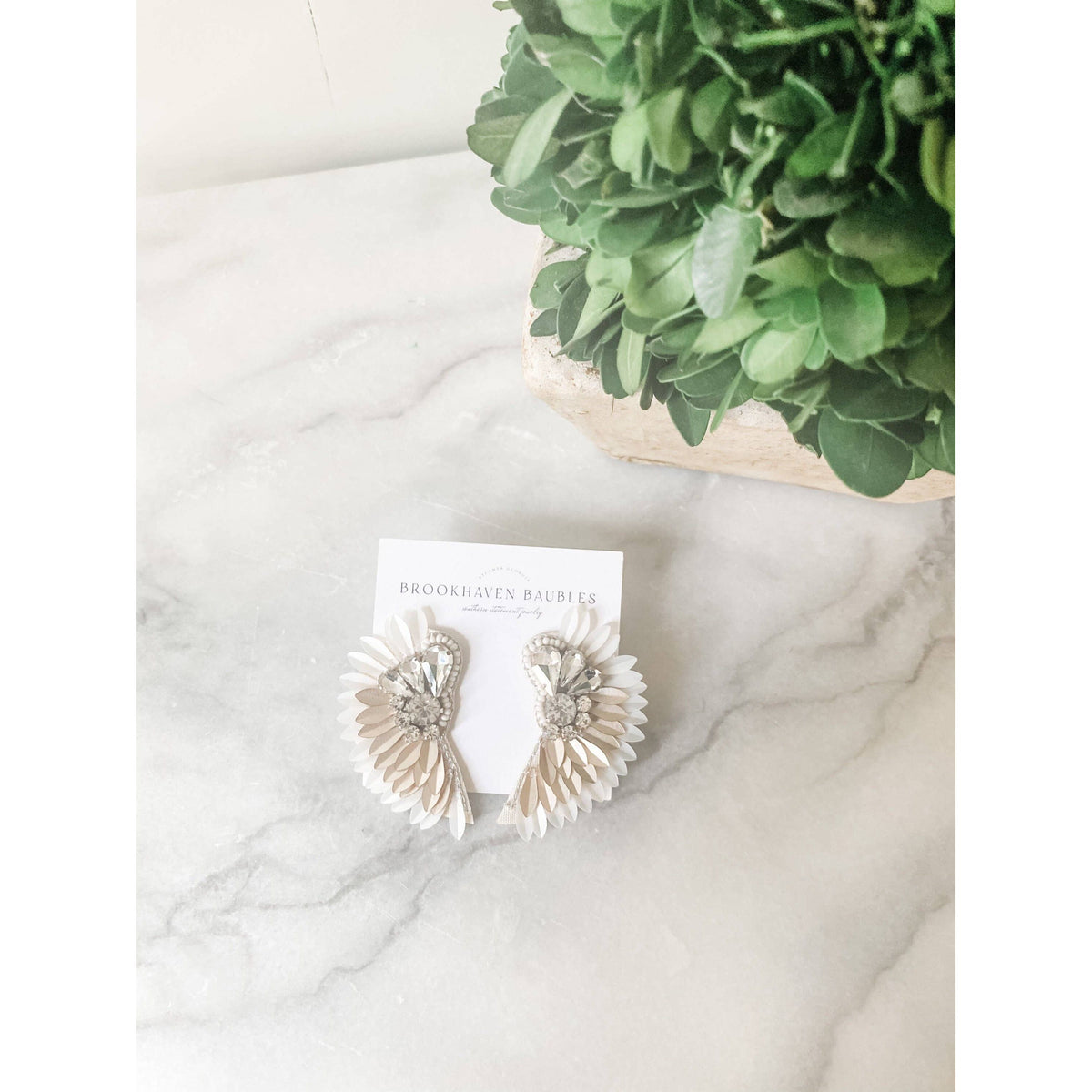 Ivory Gold Ombré Beaded Crystal Winged Statement Earrings