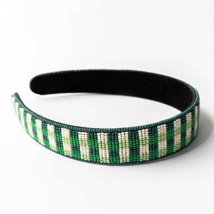 Stevie Gingham Beaded Headband- Green