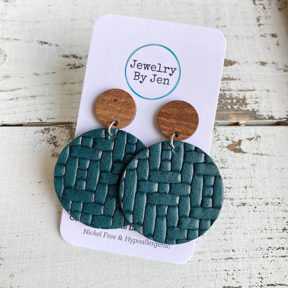 Teal Weaved Wood Post Earrings